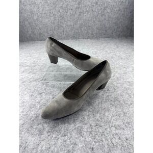 Ara Slip-On Block Heels Pumps Women's 6.5 Gray Suede Perforated Metallic Shimmer
